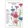 Front of an organic Botanical Interests seed packet for Tall Blend Bachelor's Button Seeds displaying heirloom description and a botanical illustration of colorful pink, purple, and blue bachelor's button flowers.