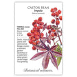 Seed packet illustration of Castor Bean Impala showing clusters of spiky red seed pods and star-shaped bronze-red leaves, with text noting it's a tender perennial for full sun, blooming summer to frost and growing 4 to 6 feet tall.