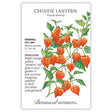 Botanical Interests Chinese Lantern seed packet featuring an illustration of the plant's papery orange lantern-shaped seed pods on leafy green stems, with text noting it's a heirloom perennial for full sun, blooming summer at 12–24 inches tall, suited for fresh and dried arrangements.