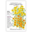 Marigold signet seed packet with illustration of yellow flowers and botanical information on a white background