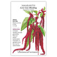 Botanical Interests seed packet for heirloom Love-Lies-Bleeding amaranth, illustrated with long, drooping crimson tasseled flower spikes among green leaves, with printed text noting it's a full-sun annual growing 3-4 feet tall that blooms summer to frost.