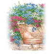 Illustration of trailing lobelia spilling from an ornate terracotta urn atop a stone wall, with cascading sprays of blue, white, and magenta blooms among slender green foliage.