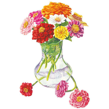 Botanical illustration of a bouquet of colorful red, pink, yellow, orange, and white zinnia flowers in a clear glass vase on a white background.