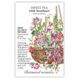 Seed packet for Little Sweetheart sweet pea illustrating a chain-hung basket overflowing with pink, purple, and coral blooms and green foliage, with printed text noting it's an annual for full sun to part shade, blooming spring/summer on 8"–14" vines, described as fragrant dwarf bush plants suited to baskets, walls, or vases.