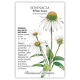 Seed packet for Echinacea White Swan featuring an illustration of white daisy-like coneflowers with domed orange-green centers on tall green stems, with text noting it's a perennial for full sun to part shade, blooming summer to frost, 24–36 inches tall, valued for cut flowers and winter interest.