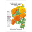 Seed packet for Crackerjack African Marigold Seeds featuring plant details and a botanical information and illustration of bright orange and yellow marigold blooms with leafy stems.