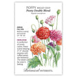 Botanical Interests seed packet for Peony Double Blend Bread Seed Poppy, illustrated with ruffled double blooms in red, pink, orange and white atop tall stems with seed pods, alongside text noting it's an heirloom annual for full sun, 24"–36" tall, blooming spring and summer with edible seeds.
