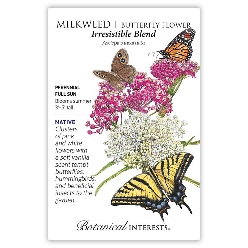 Seed packet for Milkweed Irresistible Blend illustrated with pink and white flower clusters visited by a monarch, tiger swallowtail, and wood satyr butterfly, with text noting it's a native perennial for full sun, blooming summer at 3 to 5 feet tall.