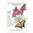 Seed packet for Irresistible Blend Swamp Milkweed featuring an illustration of pink and white flower clusters visited by a monarch butterfly, a swallowtail butterfly, and a brown satyr butterfly, with text noting it's a native perennial for full sun, blooming summer at 3'-5' tall.