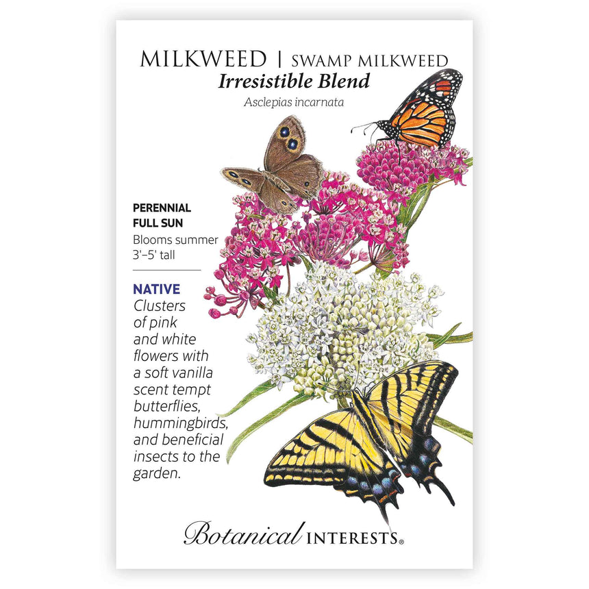 Seed packet for Irresistible Blend Swamp Milkweed featuring an illustration of pink and white flower clusters visited by a monarch butterfly, a swallowtail butterfly, and a brown satyr butterfly, with text noting it's a native perennial for full sun, blooming summer at 3'-5' tall.