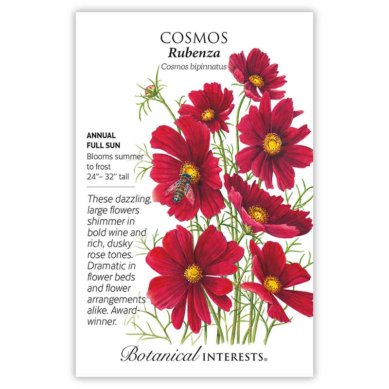 Cosmos Rubenza seed packet with red flowers illustration and botanical information