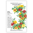 Seed packet for Favourite Blend French Marigold showing an illustrated arc of yellow, gold, red, and bicolor flowers with lacy green foliage, alongside text noting it's an annual for full sun, 10–12 inches tall, blooming summer to frost, suited for borders, containers, and bouquets.