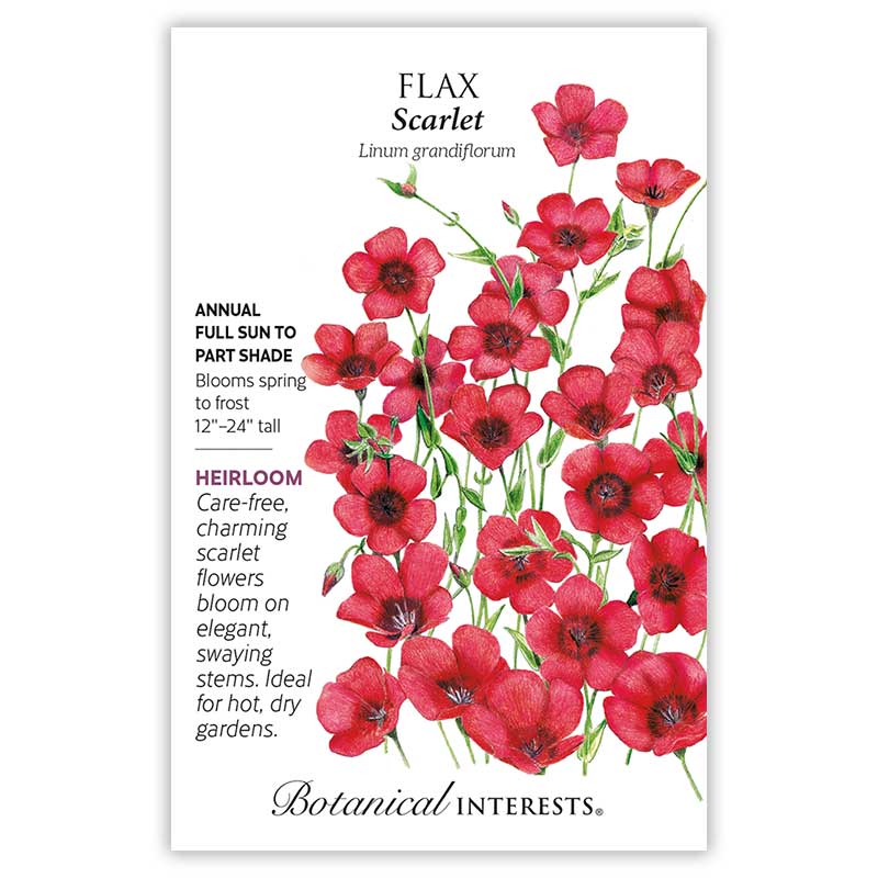 Flax Scarlet seed packet with red flowers and  growing information.