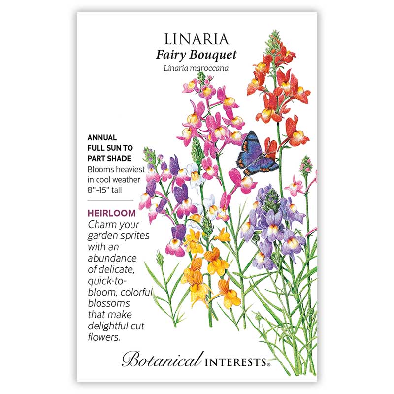 Seed packet for Linaria "Fairy Bouquet" illustrating tall spikes of snapdragon-like blooms in red, pink, purple, and yellow with a butterfly perched among the flowers, alongside text noting it's a heirloom annual growing 8-15 inches tall in full sun to part shade.