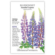 Botanical Interests seed packet for Sundial Lupine Bluebonnet featuring an illustration of three tall purple-blue lupine flower spikes with green palmate leaves, and text noting it's a native perennial for full sun, blooming spring at 24–36 inches tall and valued as a butterfly host plant.