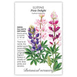 Botanical Interests seed packet for Pixie Delight Lupine, illustrated with tall spikes of pink, purple, and bicolor pea-like flowers rising above lobed green foliage, with printed text noting it's an annual for full sun to part shade, blooming spring to summer at 12–18 inches tall.