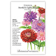 Seed packet of Northern Lights Blend Zinnia with botanical information and illustration of colorful zinnia flowers