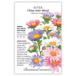 Botanical Interests seed packet for Heirloom China Aster Blend, illustrated with daisy-like blooms in pink, purple, and white with yellow centers, alongside text noting it's a full-sun to part-shade annual growing 24 to 30 inches tall and blooming midsummer to fall.