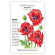 Botanical Interests seed packet for Brilliant Oriental Poppy, illustrated with scarlet, dark-centered blooms and buds on green stems, plus text noting it's a perennial for full sun, blooming spring and summer at 24-36 inches tall.