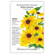 Seed packet for Black-Eyed Susan 'Indian Summer' with yellow flowers and green leaves on a white background.