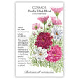 Cosmos Double Click Blend seed packet with colorful flowers and botanical information.