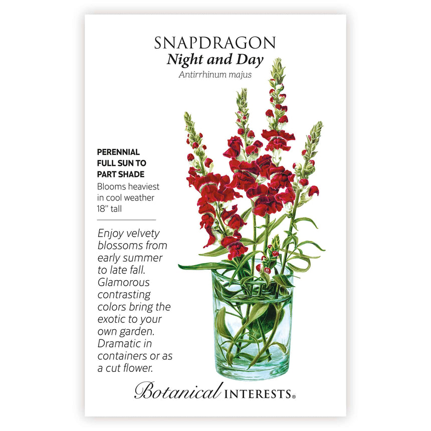 Seed packet of Snapdragon flowers with botanical information