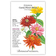 Seed packet for Zinnia Cactus Flower Blend with colorful flowers and botanical information.