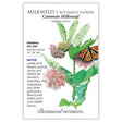 Botanical Interests seed packet for Common Milkweed showing an illustration of pink flower clusters, seed pods, broad green leaves, and a monarch butterfly feeding, with text noting it's a native perennial for full sun, blooming summer at 24–36 inches tall.