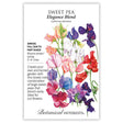 Botanical Interests seed packet for Sweet Pea Elegance Blend, illustrated with an array of ruffled blooms in peach, pink, white, red, blue, and purple, with printed text noting it's an annual for full sun to part shade, blooming winter/spring on 5'-6' vines, ideal for cut flowers.