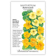 Front of a Botanical Interests seed packet for Butterscotch Nasturtium Seeds featuring plant details and a botanical illustration of yellow and butterscotch-colored flowers with green leaves.