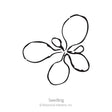 Simple black line drawing of a young petunia seedling with four rounded cotyledon leaves radiating from a central stem, labeled "Seedling."