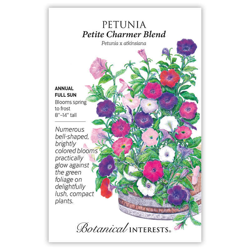 Seed packet for Petite Charmer Blend Petunia illustrating a barrel planter overflowing with bell-shaped blooms in purple, pink, red, and white, with text noting it's a full-sun annual growing 8–14 inches tall and blooming spring to frost.