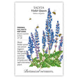 Seed packet for Violet Queen Salvia illustrating tall spikes of deep blue-violet flowers with bees hovering nearby, alongside text noting it's a perennial for full sun to part shade, blooming summer to frost at 24 inches tall.