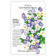 Botanical Interests seed packet for Cool Summer Breeze Viola, illustrated with clusters of purple, blue, and white pansy-like flowers with yellow centers among green leaves, alongside text noting it's a perennial for full sun to part shade, 8 inches tall, blooming heaviest in cool weather, with a description recommending it for pots, borders, or indoor bouquets.