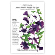 Seed packet for Shock Wave Purple Tie Dye petunia, illustrated with clustered trumpet-shaped blooms in deep purple with white edges among green foliage, plus text noting it's an annual for full sun, blooming spring to frost, growing 7-10 inches tall.