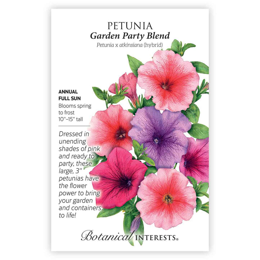 Seed packet for Garden Party Blend Petunia illustrating large trumpet-shaped blooms in pink, magenta, coral, and lavender with dark veined centers, alongside text noting it's a full-sun annual growing 10–15 inches tall and blooming spring to frost.