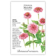 Zinnia Mazurkia plant information in a seed packet with illustrations and botanical information on a white background