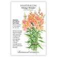 Seed packet for Orange Wonder Snapdragon showing an illustrated bundle of tall stems with orange blooms tipped in rosy pink, tied with twine, alongside text noting it's a perennial for full sun to part shade, blooming heaviest in cool weather and growing 30 to 36 inches tall.