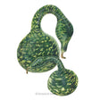 Illustration of three speckled swan gourds with mottled dark green and yellow-green skin, each featuring a round bulbous base and a long curved, goose-neck-like stem, shown against a white background.