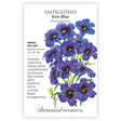 Seed packet for Kew Blue Salpiglossis with an illustration of trumpet-shaped violet-blue flowers with velvety petals and dark throats, alongside text noting it's a full-sun annual blooming summer at 24–30 inches tall.