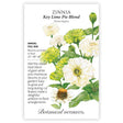 Front of a Botanical Interests "Zinnia Key Lime Pie Blend" seed packet displaying a botanical information and illustration of lime-green and chartreuse-white flowers on a white background.