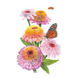 Illustration of pastel pink and yellow Zinderella Pastels Blend zinnia flowers with green leaves, featuring a Monarch butterfly resting on a central bloom and a bee flying overhead