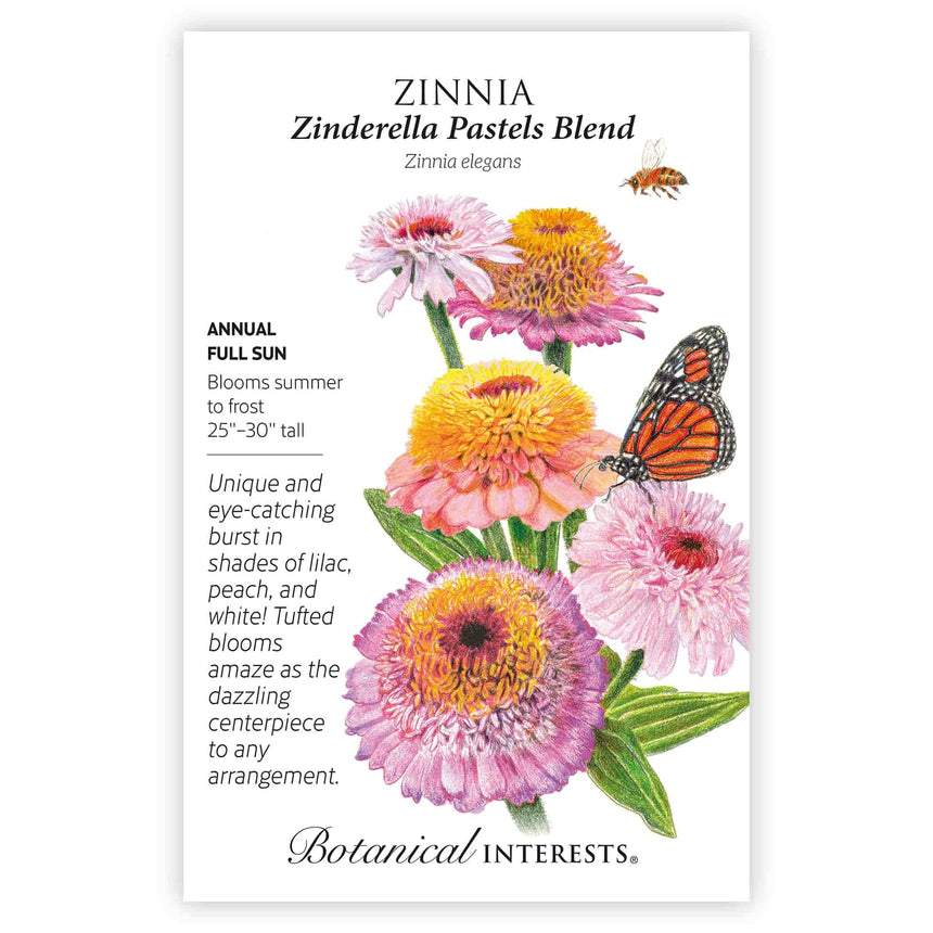 Front of a Botanical Interests "Zinnia Zinderella Pastels Blend" seed packet with botanical information and illustration of pastel pink and yellow flowers with a butterfly and bee on a white background