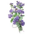 Botanical illustration of Blue Planet ageratum, showing a hand-tied bouquet of fluffy purple-blue flower clusters and green serrated leaves, stems bound with twine, against a white background.