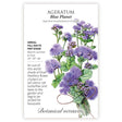 Seed packet for Blue Planet Ageratum featuring an illustrated bouquet of tall stems topped with feathery, fuzzy purple-blue flower clusters and green leaves, tied with twine, with printed text noting it's an annual for full sun to part shade, blooming summer to frost at 24 to 30 inches tall.