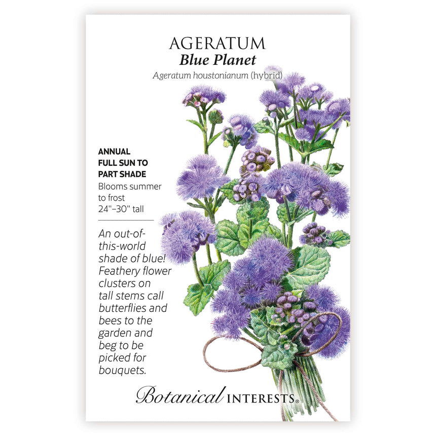 Seed packet for Blue Planet Ageratum featuring an illustrated bouquet of tall stems topped with feathery, fuzzy purple-blue flower clusters and green leaves, tied with twine, with printed text noting it's an annual for full sun to part shade, blooming summer to frost at 24 to 30 inches tall.
