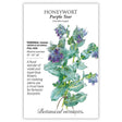 Seed packet for Purple Tear Honeywort (Cerinthe major) illustrating blue-green foliage with nodding tubular flowers in violet and royal blue, alongside text noting it's a tender perennial grown as an annual, full sun, blooming summer at 16–32 inches tall.