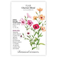 Front of a Botanical Interests "Flax Charmer Blend" seed packet displaying a botanical illustration of salmon, scarlet, lilac, and white flax flowers with green foliage on a white background.