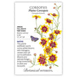 Seed packet for Plains Coreopsis featuring an illustration of yellow flowers with mahogany centers and a small purple butterfly, with printed text noting it's a native annual, full sun to part shade, blooming summer to fall at 12–24 inches tall.