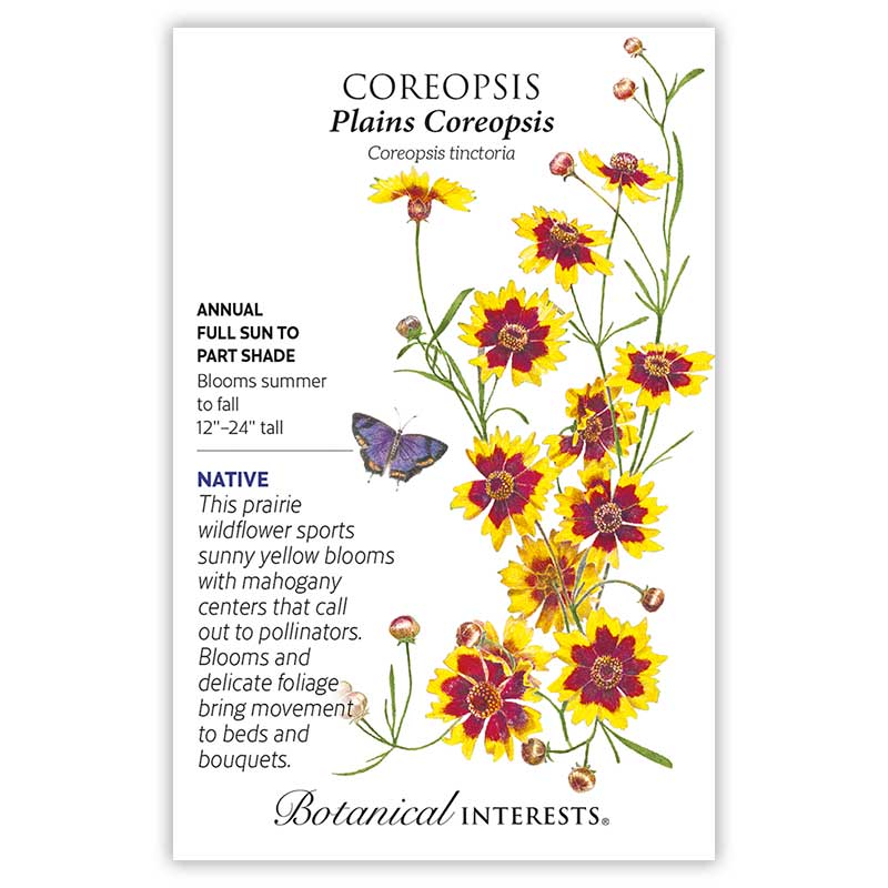 Seed packet for Plains Coreopsis featuring an illustration of yellow flowers with deep mahogany centers on slender branching stems, accompanied by a small purple butterfly, with text noting it's a native annual growing 12–24 inches tall that blooms summer to fall in full sun to part shade.